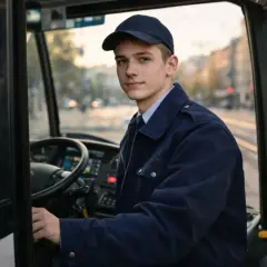 Młody kierowca w czapce i granatowej kurtce, siedzi za kierownicą autobusu. Rozpoczyna kurs na przewóz osób.