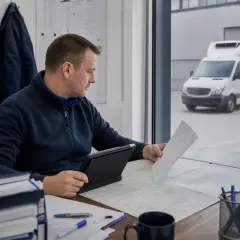 Mężczyzna planuje trasę dla transportu chłodniczego w Polsce. Na biurku mapa, tablet i dokumenty. Za oknem biała chłodnia.
