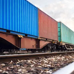 Długi pociąg towarowy z kolorowymi kontenerami, symbolizujący globalne konwencje transportowe, jedzie po torach w słoneczny dzień.