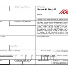 Dokumenty w transporcie międzynarodowym: formularz Air Waybill z danymi nadawcy, odbiorcy i szczegółami przesyłki.