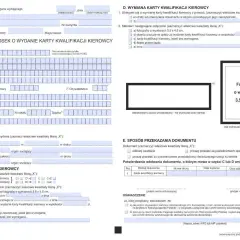 Wniosek o wydanie karty kwalifikacji kierowcy. Formularz zawiera dane osobowe, informacje o wydanym dokumencie i wymianie karty.