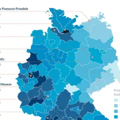 Mapa Niemiec z zarobkami. Idealna na weekendówkę dla kierowcy, pokazuje średnie zarobki w euro, np. Hamburg 2625 euro.