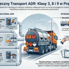 Ilustracja przedstawia ciężarówkę z oznaczeniami ADR, wyjaśniając klasy 3, 8 i 9 materiałów niebezpiecznych, wymagania dla przewoźnika i dokumentację.