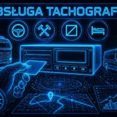 Cyfrowa wizualizacja pokazuje, jak włożyć kartę do tachografu. Widoczna jest ciężarówka, furgonetka i schematyczne ikony.