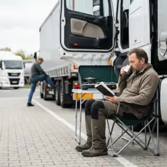 Kierowca ciężarówki korzysta ze skróconej pauzy tygodniowej, czytając książkę i pijąc kawę przy przenośnej kuchence.