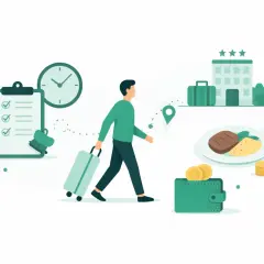 Mężczyzna z walizką idzie do hotelu, obok lista zadań, zegar, jedzenie i portfel. Ilustracja pokazuje, ile jest delegacji.