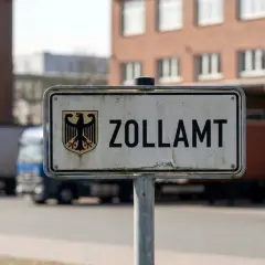 Tablica "ZOLLAMT" z godłem Niemiec. W tle ciężarówki i kontenery, pokazujące jak wygląda odprawa celna.
