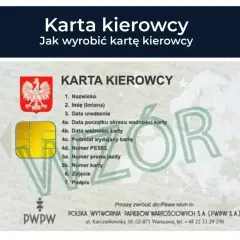 Karta kierowcy z chipem i godłem Polski. Informacje o danych kierowcy, ważności karty i podmiocie wydającym. Idealna do pierwszego logowania nowej karty kierowcy.