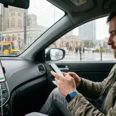 Kierowca zawodowy sprawdza trasę na telefonie, zastanawiając się, ile zarabia. W tle widać warszawskie budynki i tramwaj.
