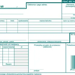 Formularz listu przewozowego z polami do wypełnienia: nadawca, odbiorca, miejsce nadania i przeznaczenia, dane ładunku, kierowca, nr rejestracyjny pojazdu.
