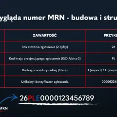 Tabela wyjaśnia, czym jest numer referencyjny MRN: rok, kod kraju, rodzaj procedury i unikalny identyfikator. Przykład: 26PLE0000123456789.