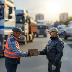 Kierowcy ciężarówek wymieniają paczkę. Czy podróż służbowa wlicza się do czasu pracy? Słońce zachodzi nad drogą pełną pojazdów.