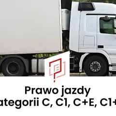 Biała ciężarówka z naczepą. Napis: Prawo jazdy kategorii C, C1, C+E, C1+E. Możliwość uzyskania prawo jazdy c+e od 18 lat.
