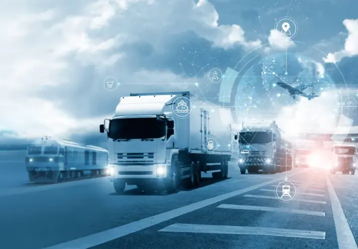 Nowoczesny transport i spedycja: ciężarówki, pociąg, samolot i statek, połączone globalną siecią logistyczną.