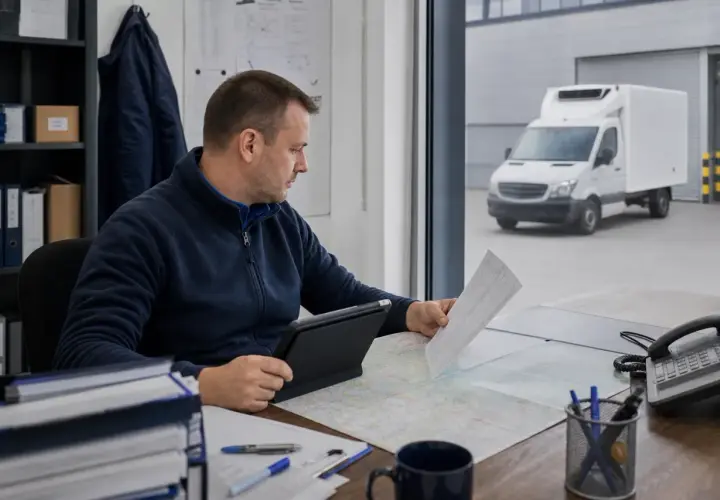 Mężczyzna planuje trasę dla transportu chłodniczego w Polsce. Na biurku mapa, tablet i dokumenty. Za oknem biała chłodnia.