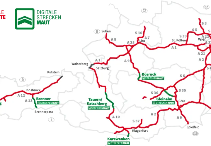 Mapa Austrii z zaznaczonymi drogami płatnymi. Widać tunele w Austrii, np. Arlberg, Tauern, Karawanken.