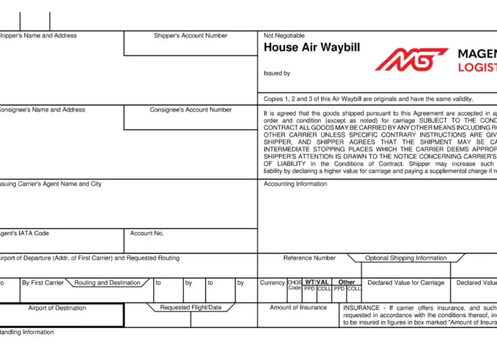 Dokumenty w transporcie międzynarodowym: formularz Air Waybill z danymi nadawcy, odbiorcy i szczegółami przesyłki.