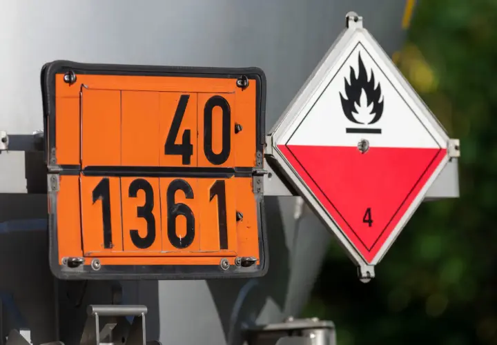 Pomarańczowe tablice z numerami 40 i 1361 oraz biało-czerwony znak ostrzegawczy z płomieniem i cyfrą 4, informujące o zagrożeniu. Taryfikator kar ADR.