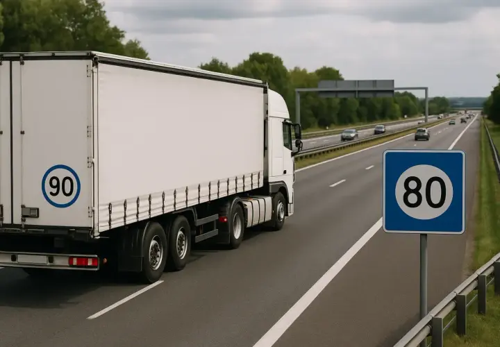 Biały tir jedzie autostradą. Znak ograniczenia prędkości wskazuje 80 km/h, a na naczepie widnieje naklejka "90".