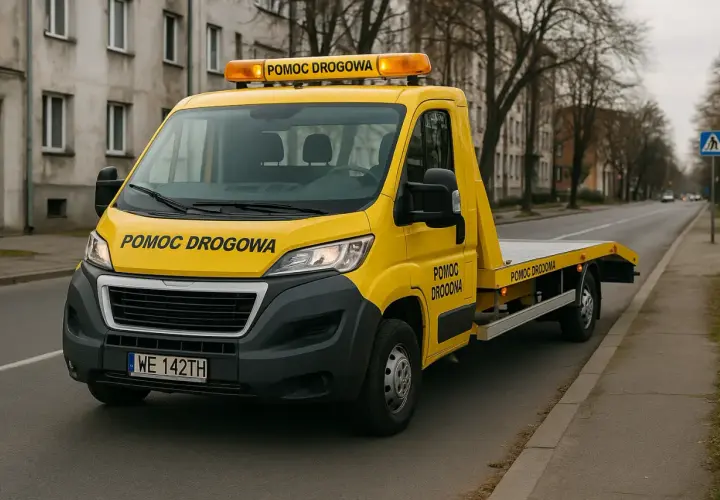 Żółty pojazd z napisem "POMOC DROGOWA" na masce i dachu, gotowy do akcji. Posiada licencję na pomoc drogową.