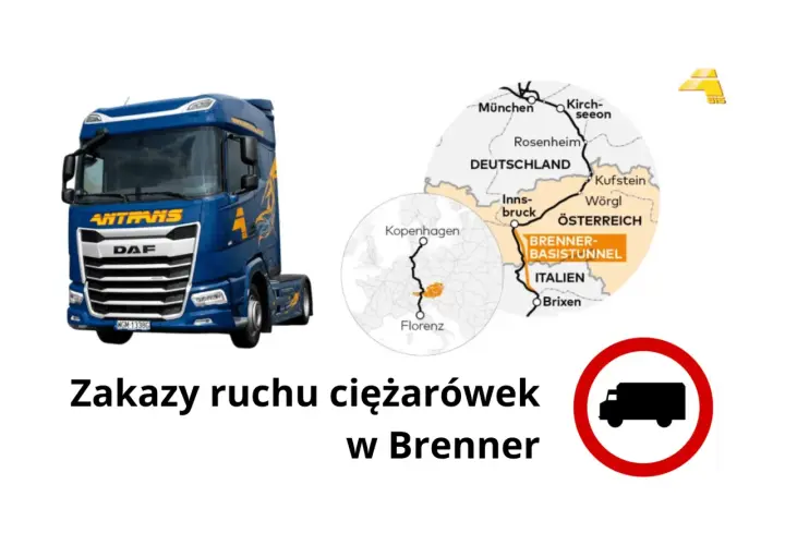 Niebieska ciężarówka DAF i mapa pokazująca trasę przez Brenner. Zakazy ruchu ciężarówek w Brenner.