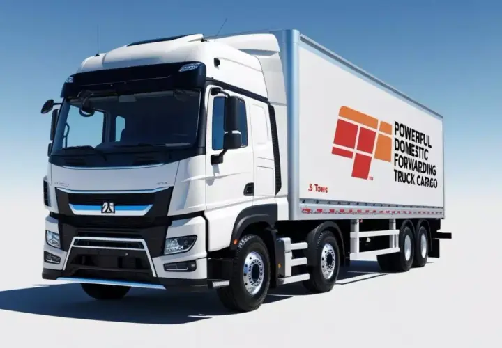Biała ciężarówka z naczepą, gotowa do transportu do 3,5t. Logo firmy i napis "Powerful Domestic Forwarding Truck Cargo" na boku.