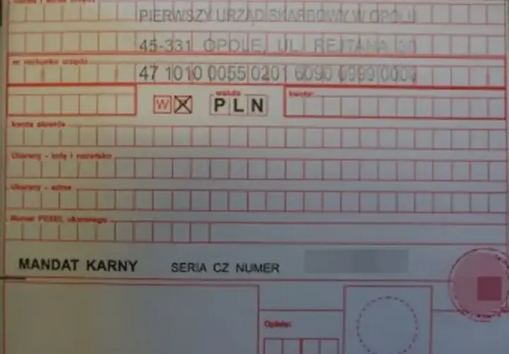 Formularz "Mandat karny" z danymi urzędu skarbowego i numerem konta. Tu sprawdzisz, gdzie zapłacić mandat.
