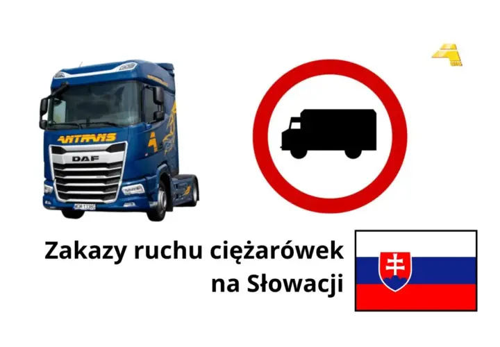 Zakazy ruchu ciężarówek na Słowacji. Znak zakazu wjazdu dla ciężarówek i flaga Słowacji.