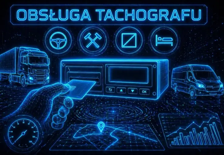 Cyfrowa wizualizacja pokazuje, jak włożyć kartę do tachografu. Widoczna jest ciężarówka, furgonetka i schematyczne ikony.