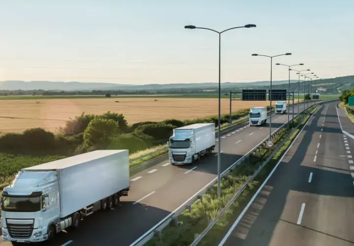 Ciężarówki na autostradzie, symbol nowoczesnych systemów monitorowania ładunków w transporcie. Słońce zachodzi nad polami.