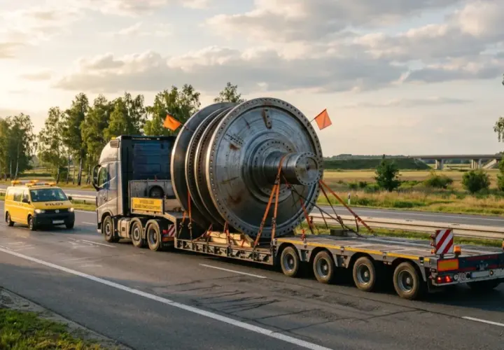 Ciężarówka transportuje ogromny element turbiny, którego maksymalna szerokość ładunku wymaga eskorty.