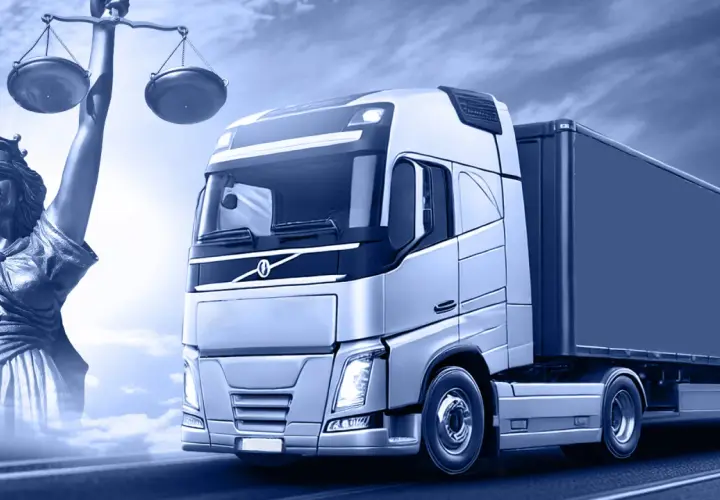 Ciężarówka i Temida symbolizują kontrolę, ład i sprawiedliwość w firmie transportowej.