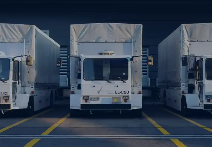 Trzy białe ciężarówki stojące obok siebie. Na jednej z nich widnieje napis "cargolog". W niedzielę obowiązuje zakaz jazdy.