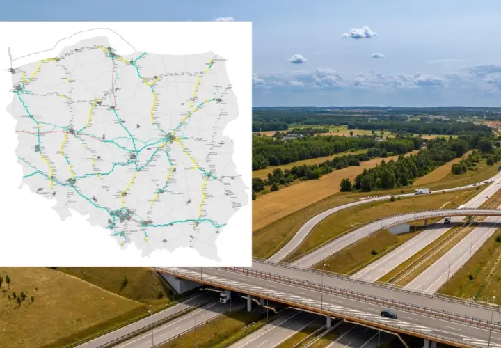 Mapa Polski z zaznaczonymi drogami płatnymi e-toll. W tle autostrada z ruchem samochodowym.