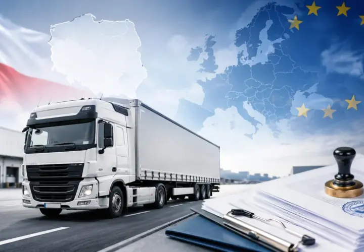 Ciężarówka na tle mapy Polski i Europy, symbolizująca transport międzynarodowy i licencję transportową.