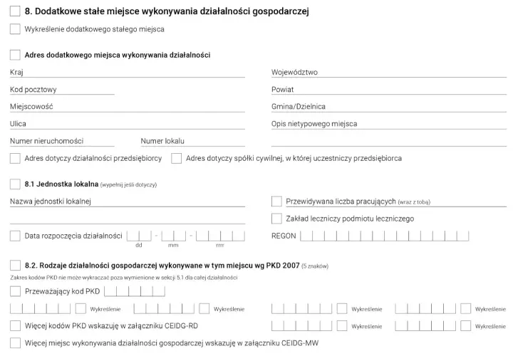 Formularz CEIDG: sekcja 8. Dodatkowe stałe miejsce wykonywania działalności gospodarczej, w tym usługa kierowania pojazdem powierzonym PKD.