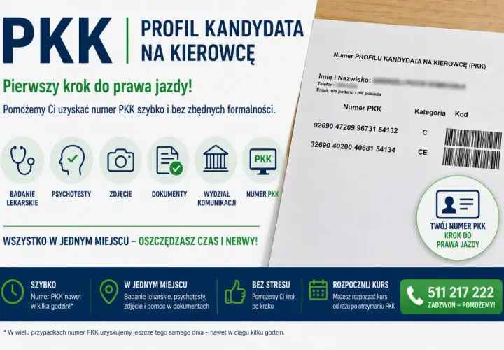 Profil kandydata na kierowcę (PKK) – pierwszy krok do prawa jazdy. Szybko uzyskasz numer PKK, potrzebny do badań lekarskich, psychotestów i dokumentów.