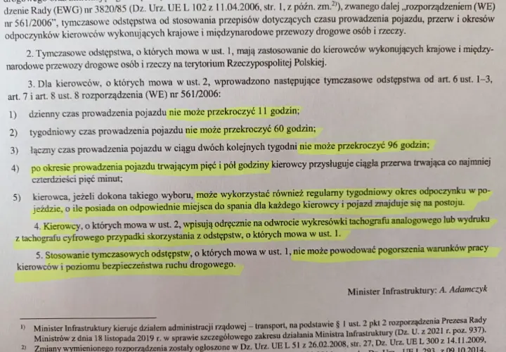 Przepisy dotyczące kierowców: dzienny czas jazdy do 11h, tygodniowy do 60 godzin. Przerwa po 5,5h jazdy.