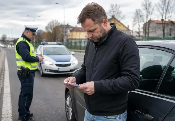 Mężczyzna czyta mandat, policjant stoi obok radiowozu. Prawdopodobnie czeka go zatrzymanie prawa jazdy za prędkość.