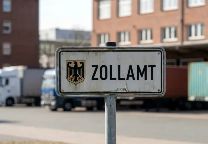 Tablica "ZOLLAMT" z godłem Niemiec. W tle ciężarówki i kontenery, pokazujące jak wygląda odprawa celna.