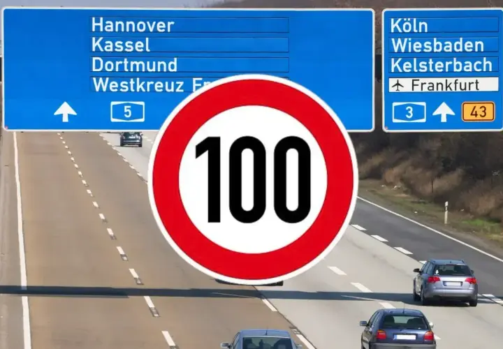 Znak ograniczenia prędkości do 100 km/h na niemieckiej autostradzie. W tle tablice z kierunkami do Hanoweru, Kolonii i Frankfurtu.