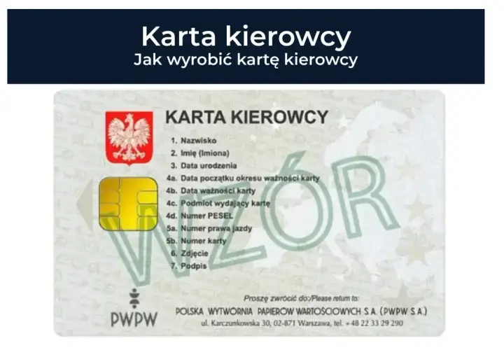 Karta kierowcy z chipem i godłem Polski. Informacje o danych kierowcy, ważności karty i podmiocie wydającym. Idealna do pierwszego logowania nowej karty kierowcy.