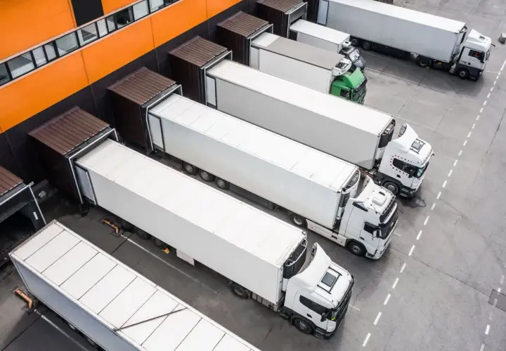 Ciężarówki czekają na załadunek przy magazynie. Logistyka między Francją a Polską kwitnie, zapewniając płynny transport towarów.