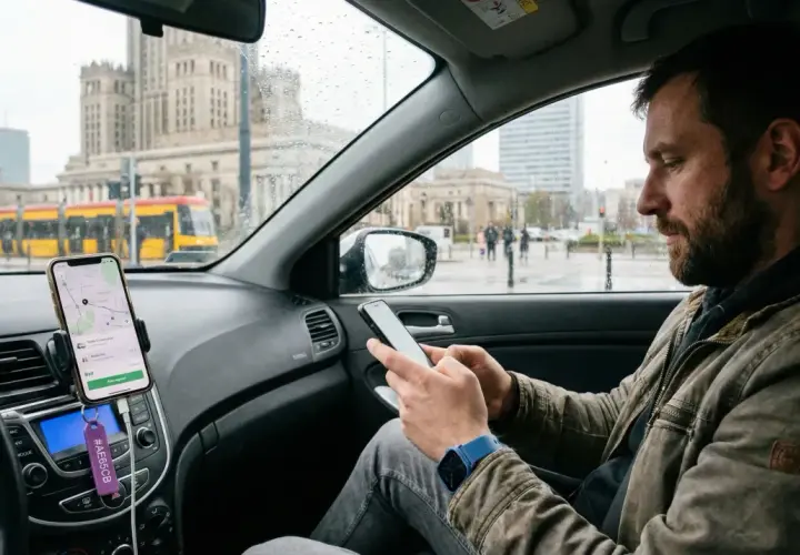 Kierowca zawodowy sprawdza trasę na telefonie, zastanawiając się, ile zarabia. W tle widać warszawskie budynki i tramwaj.