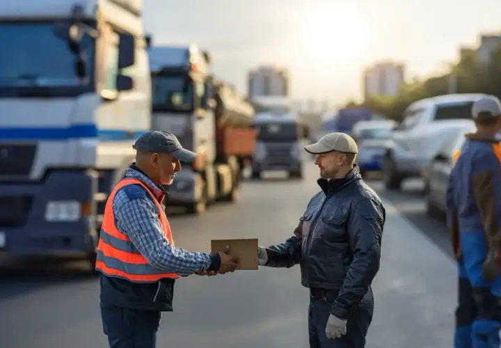 Kierowcy ciężarówek wymieniają paczkę. Czy podróż służbowa wlicza się do czasu pracy? Słońce zachodzi nad drogą pełną pojazdów.