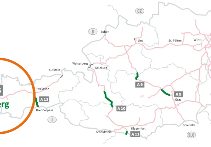 Mapa Austrii z zaznaczoną drogą S16 i obszarem Arlberg. Widoczne są inne autostrady (A9, A10, A11, A13) i miasta.