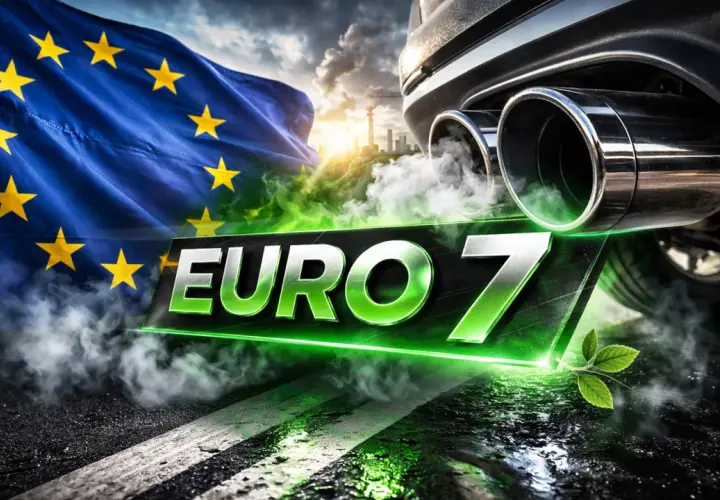 Flaga UE i dym z rury wydechowej samochodu nad napisem EURO 7. Nowe normy emisji spalin w Europie.