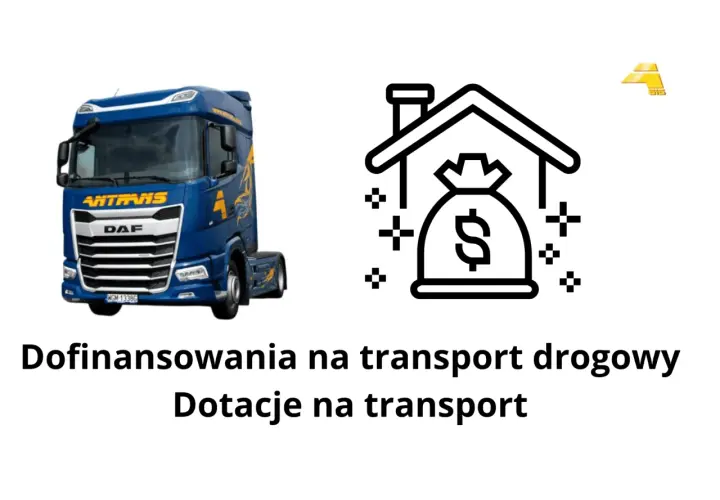 Niebieska ciężarówka i ikona worka z pieniędzmi symbolizują dofinansowanie na firmę transportową.