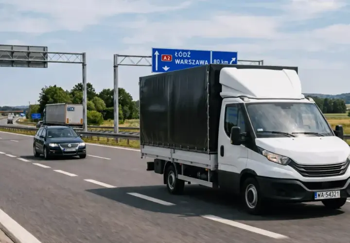 Biała furgonetka i inne pojazdy na autostradzie A2, kierujące się do Łodzi i Warszawy. Przepisy transportowe regulują ruch tych pojazdów.