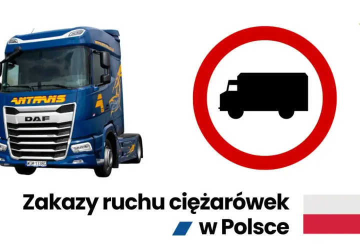 Niebieska ciężarówka DAF obok znaku zakazu ruchu dla tirów. Informacja o zakazy tir w Polsce.